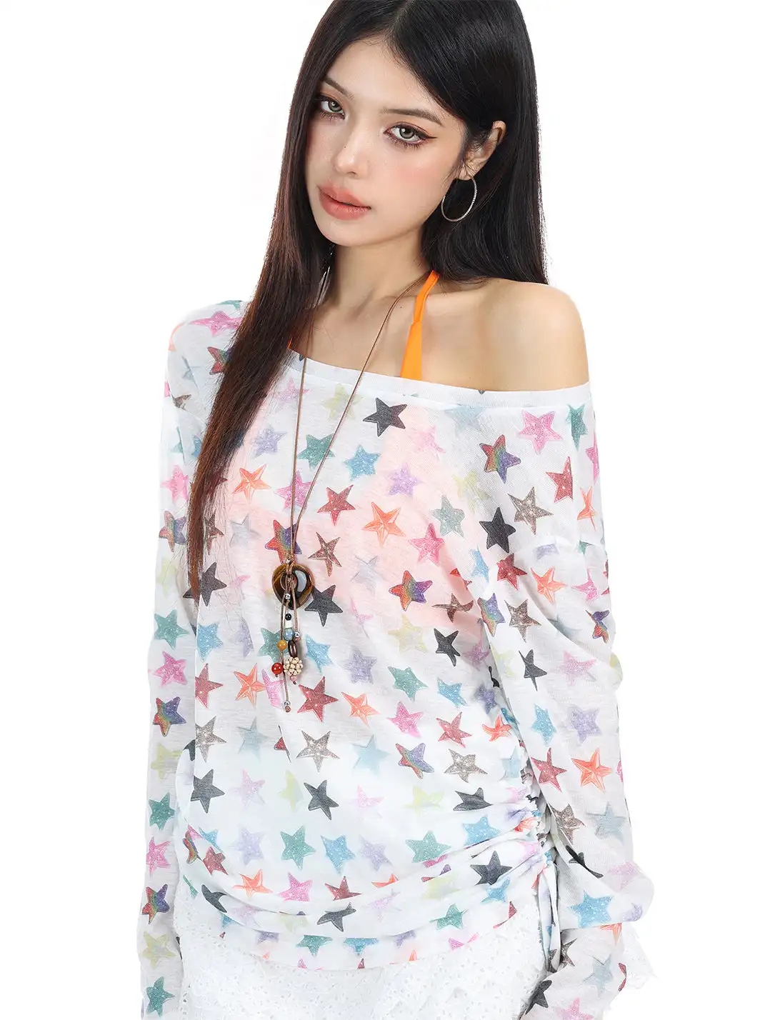BIGGOLD | Asymmetrical Shoulder Colorful Star Long Sleeve T-Shirt