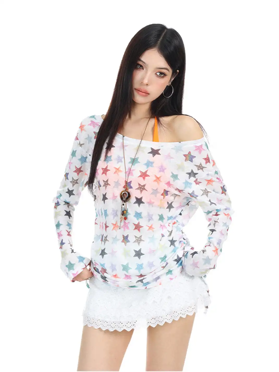 BIGGOLD | Asymmetrical Shoulder Colorful Star Long Sleeve T-Shirt