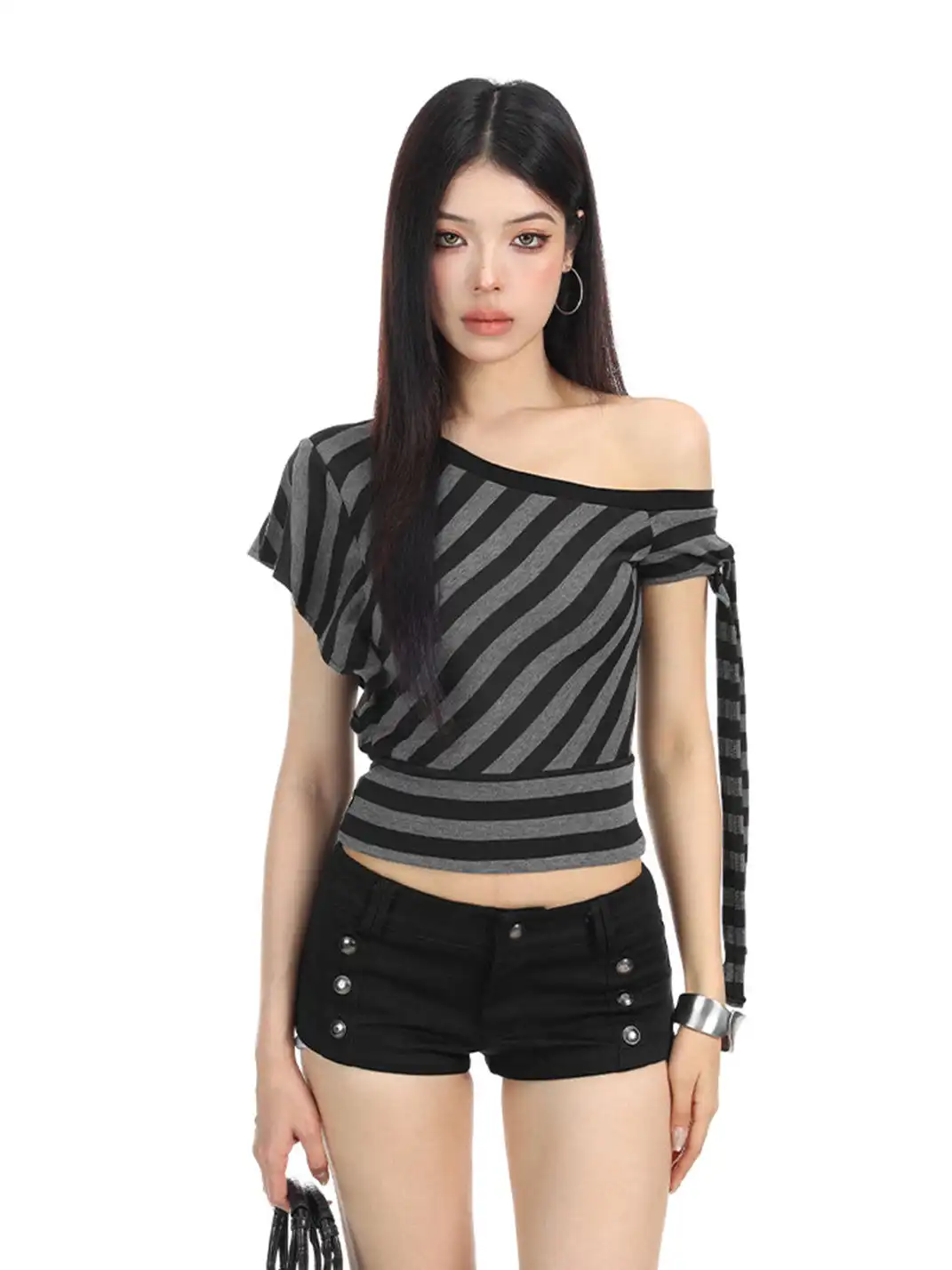 BIGGOLD | One-Shoulder Striped Tie T-Shirt