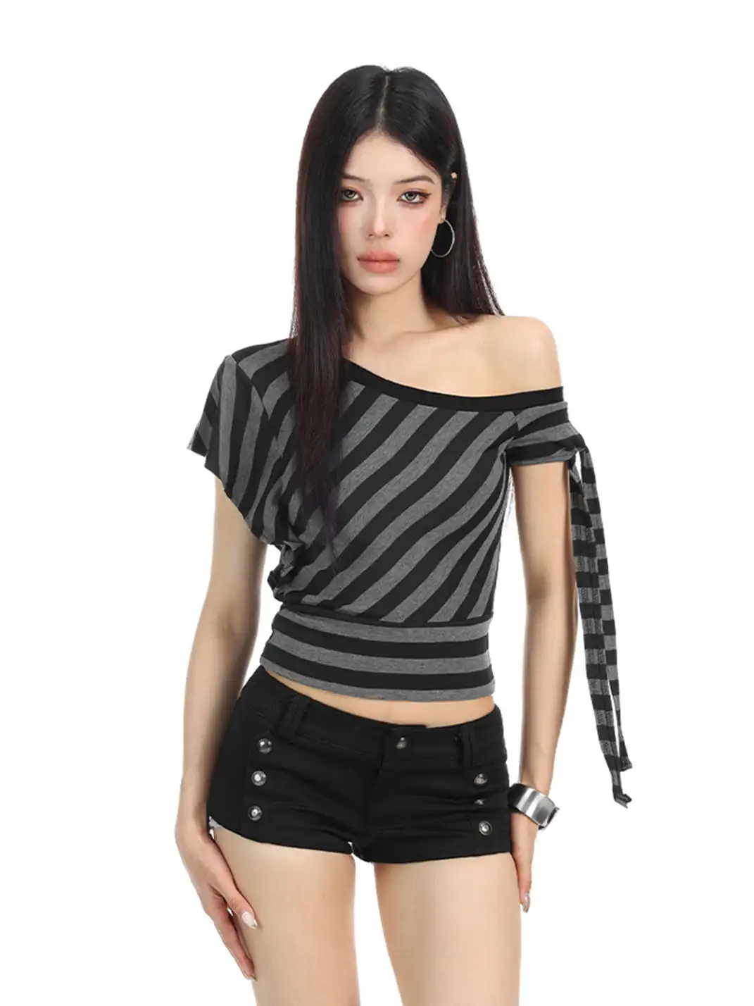 BIGGOLD | One-Shoulder Striped Tie T-Shirt