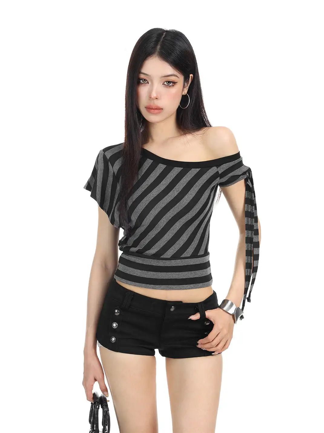 BIGGOLD | One-Shoulder Striped Tie T-Shirt