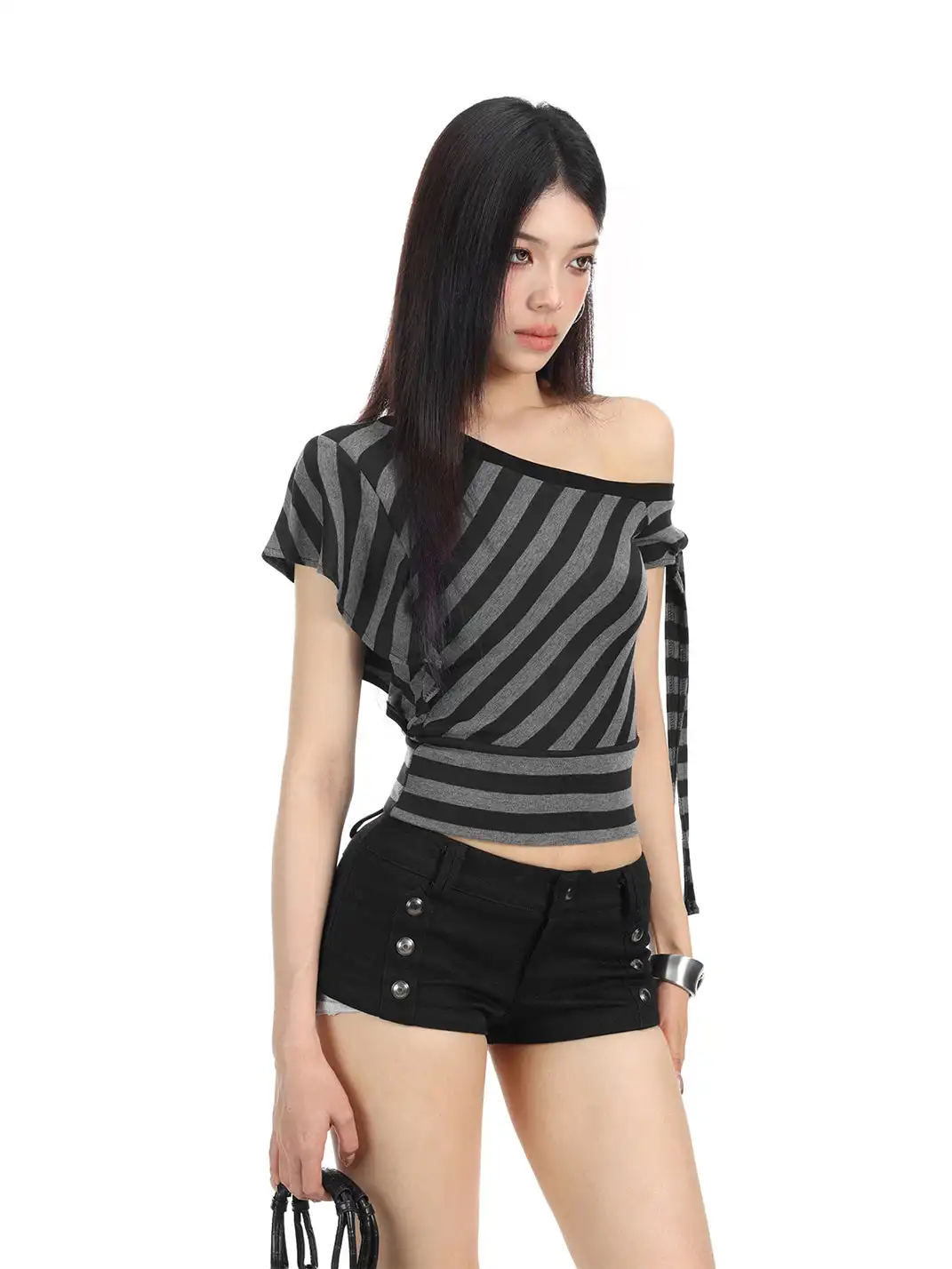BIGGOLD | One-Shoulder Striped Tie T-Shirt