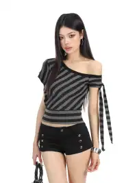 BIGGOLD | One-Shoulder Striped Tie T-Shirt