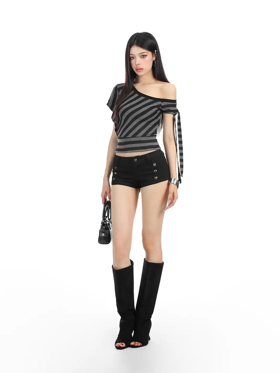 BIGGOLD | One-Shoulder Striped Tie T-Shirt