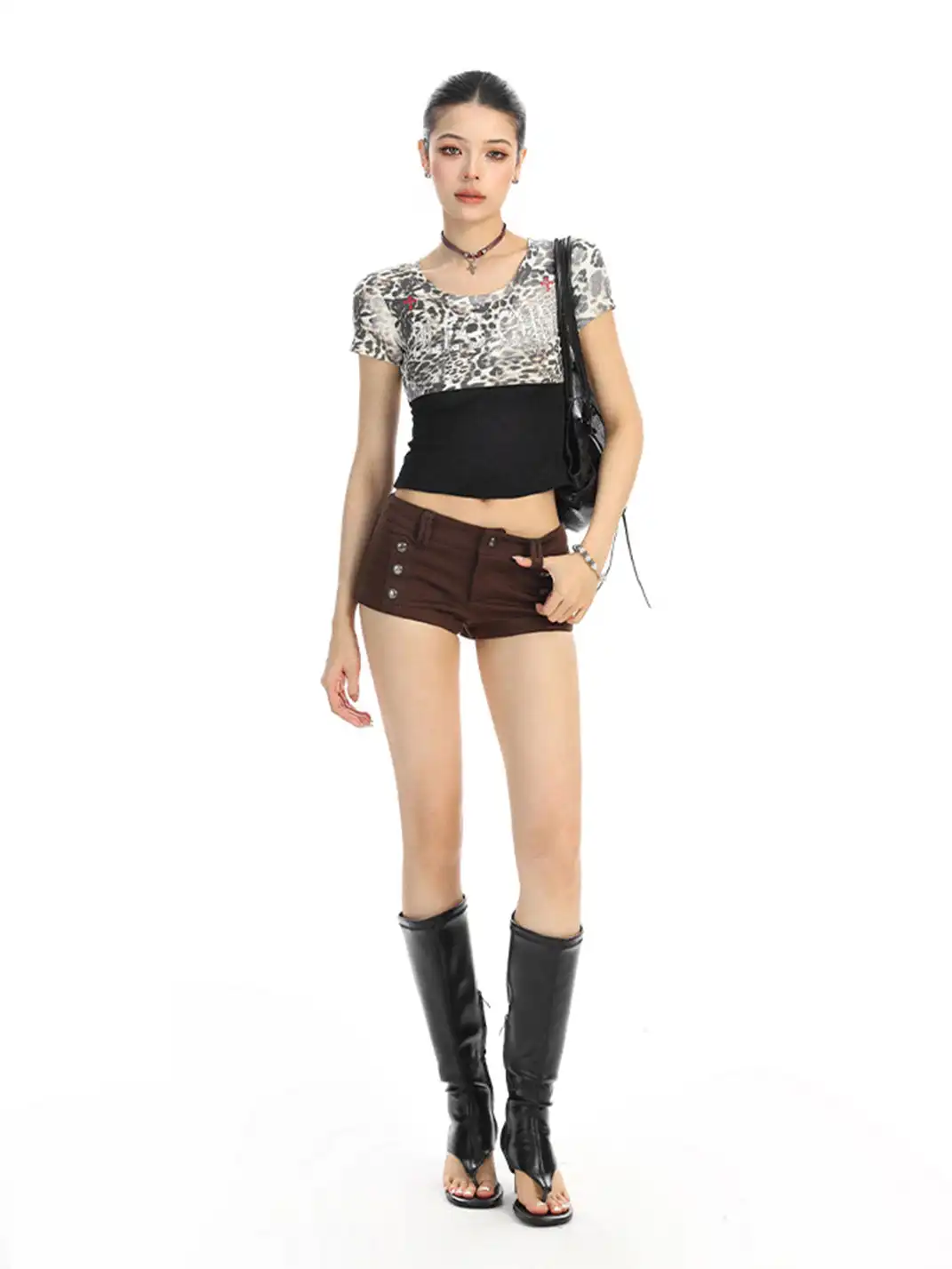 BIGGOLD | Color-Block Fake Two-Piece Leopard Print T-Shirt
