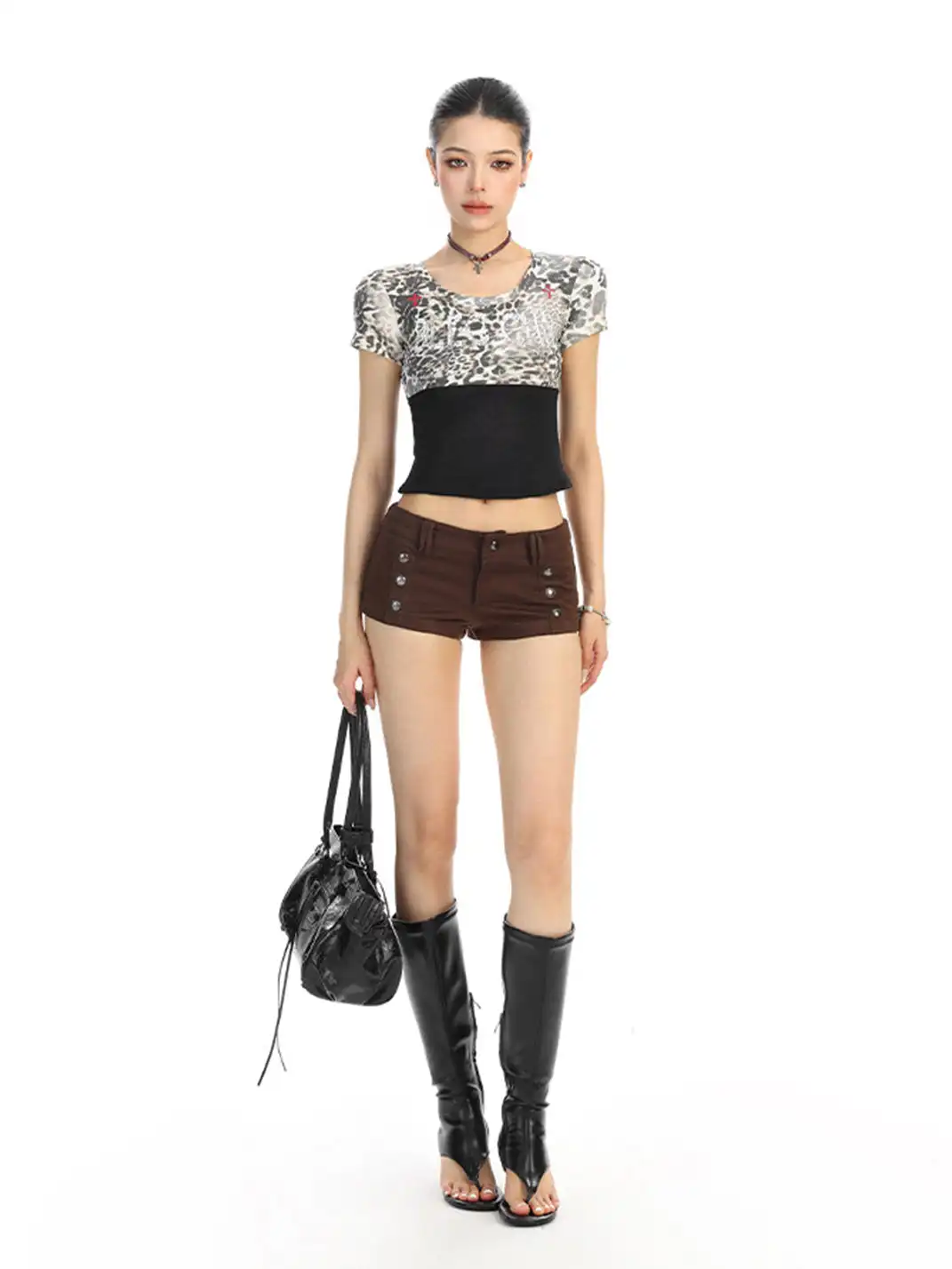 BIGGOLD | Color-Block Fake Two-Piece Leopard Print T-Shirt
