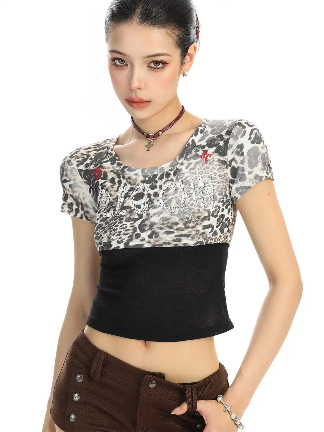 BIGGOLD | Color-Block Fake Two-Piece Leopard Print T-Shirt