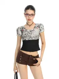 BIGGOLD | Color-Block Fake Two-Piece Leopard Print T-Shirt