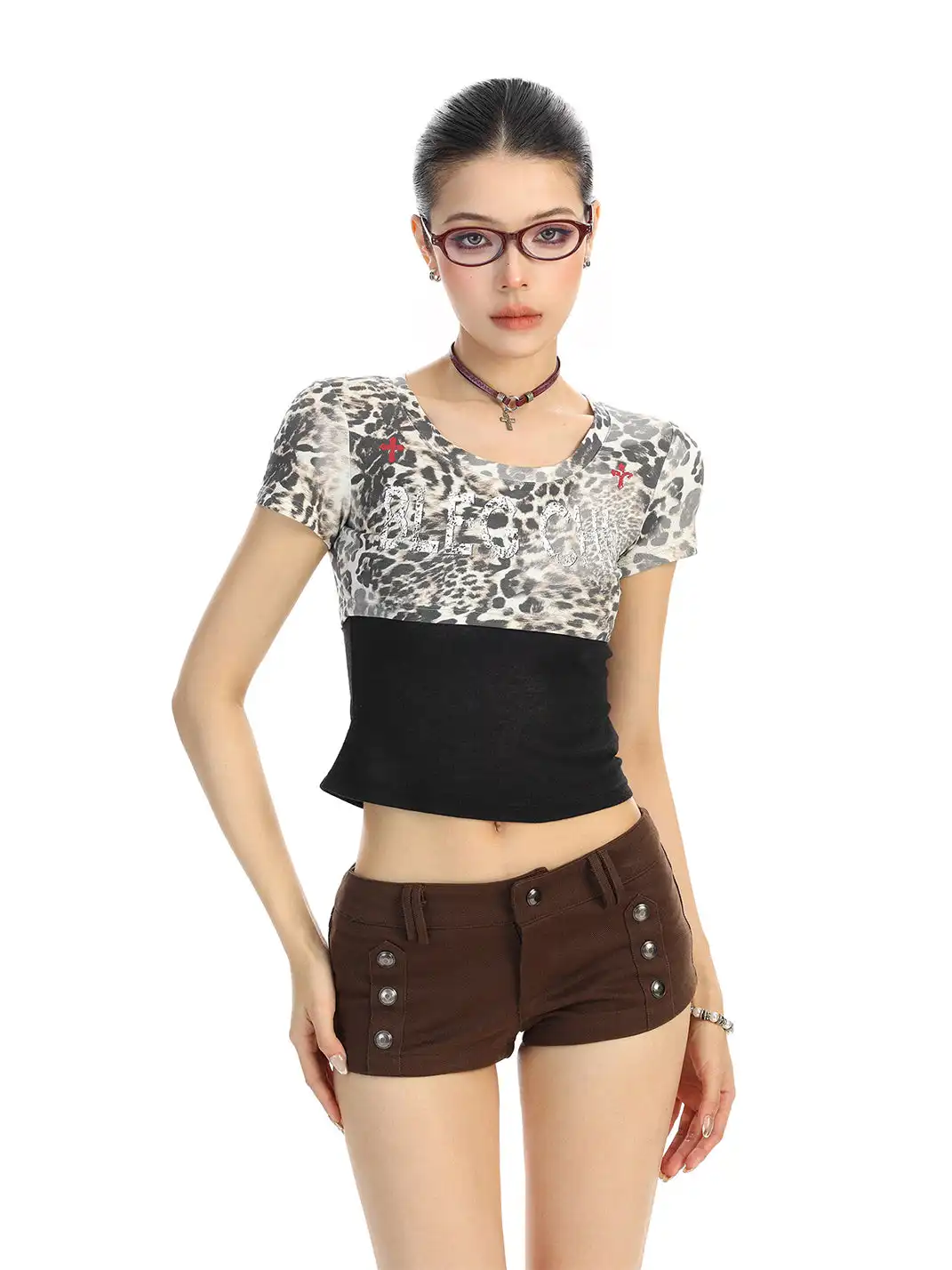 BIGGOLD | Color-Block Fake Two-Piece Leopard Print T-Shirt