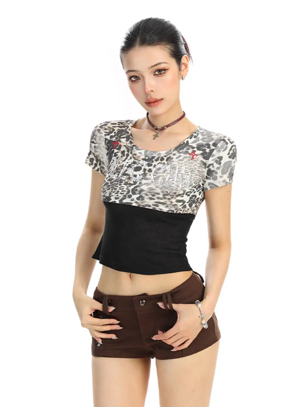 BIGGOLD | Color-Block Fake Two-Piece Leopard Print T-Shirt