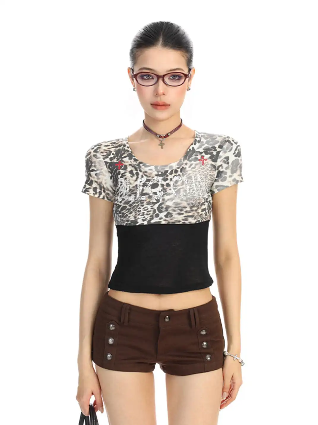 BIGGOLD | Color-Block Fake Two-Piece Leopard Print T-Shirt