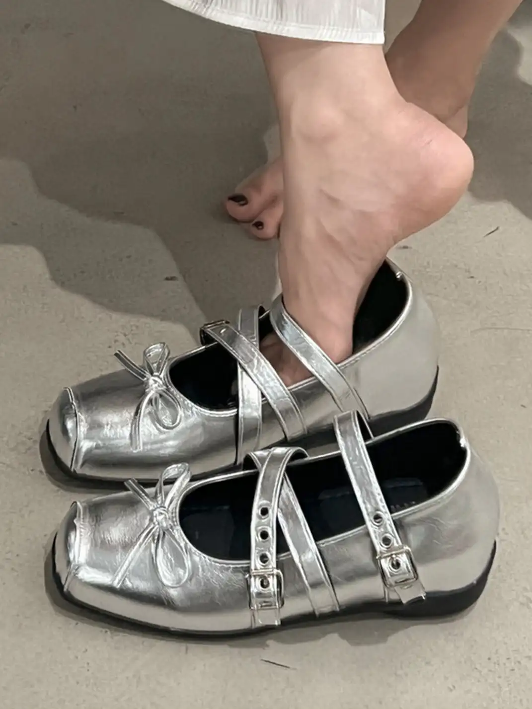 Jpoetry | Genuine Leather Square Toe Bow Mary Jane Shoes