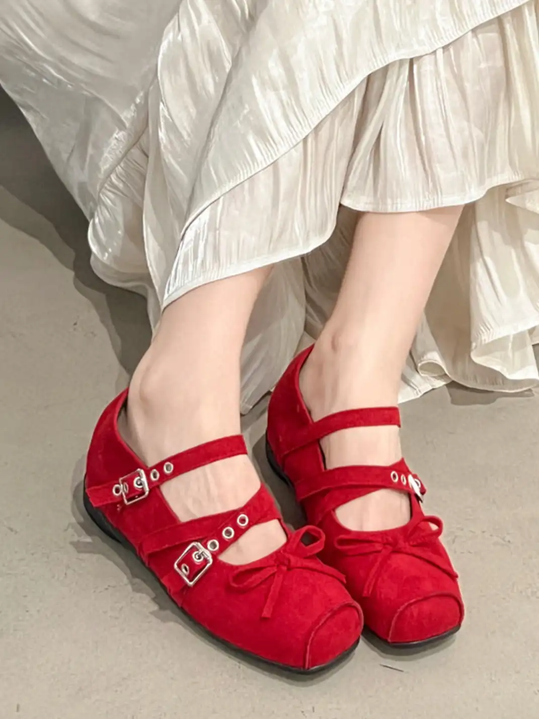 Jpoetry | Genuine Leather Square Toe Bow Mary Jane Shoes