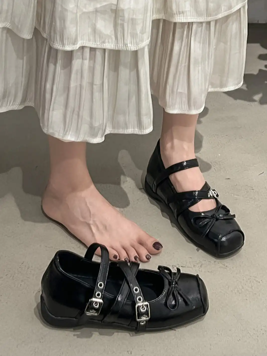 Jpoetry | Genuine Leather Square Toe Bow Mary Jane Shoes