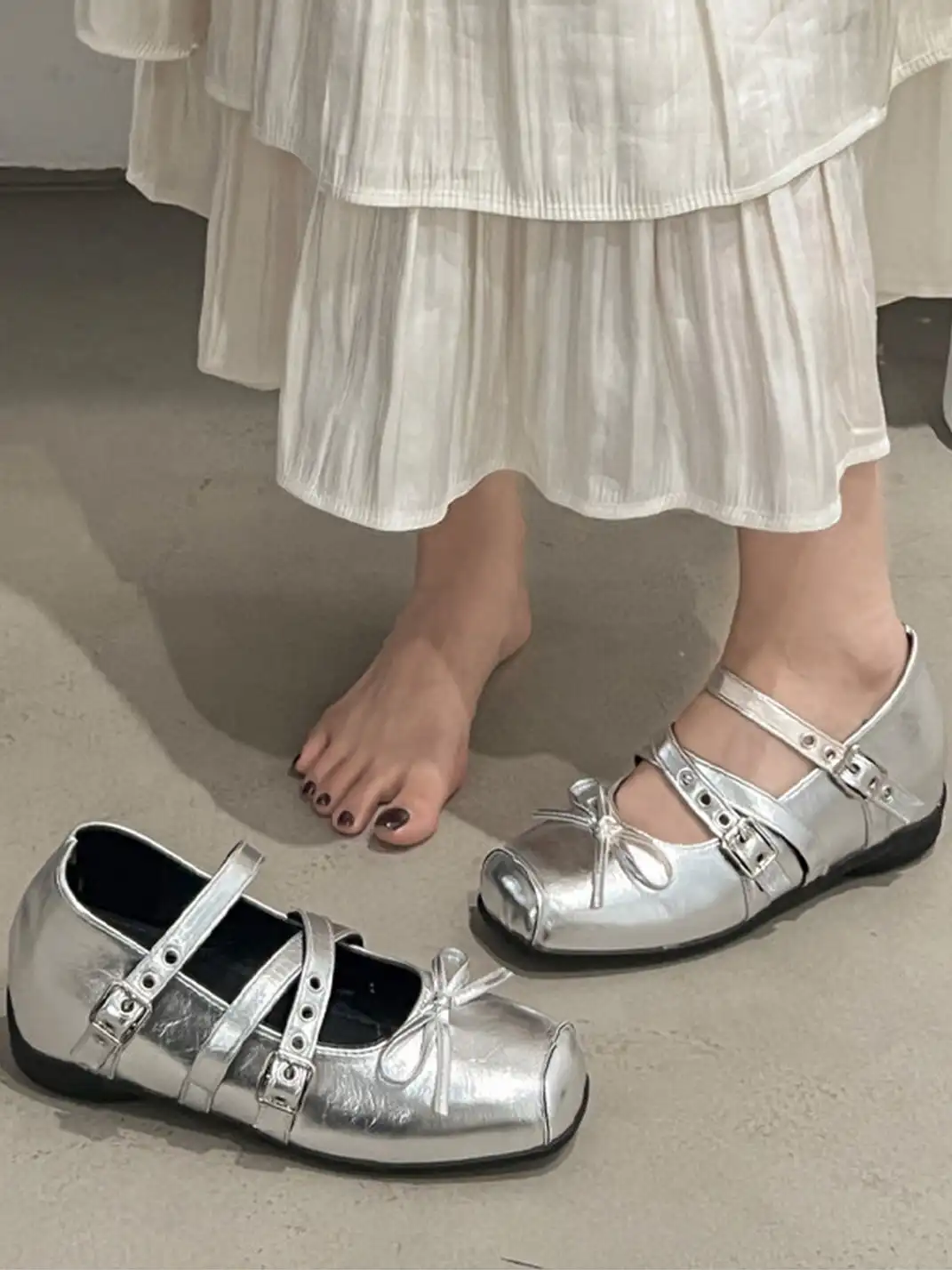 Jpoetry | Genuine Leather Square Toe Bow Mary Jane Shoes