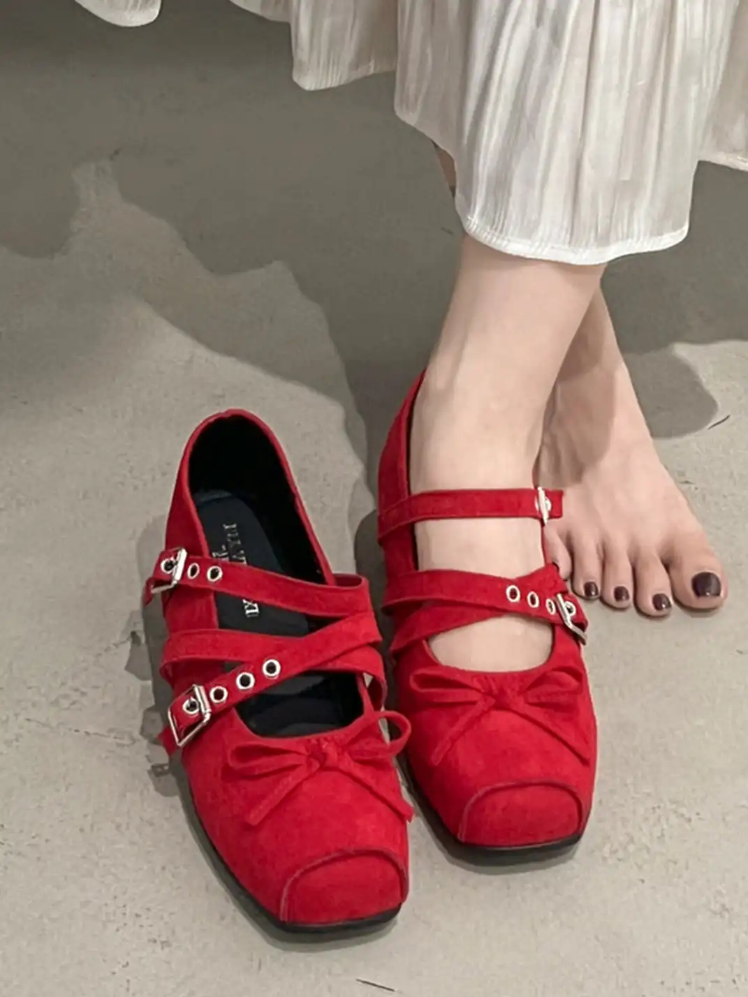 Jpoetry | Genuine Leather Square Toe Bow Mary Jane Shoes