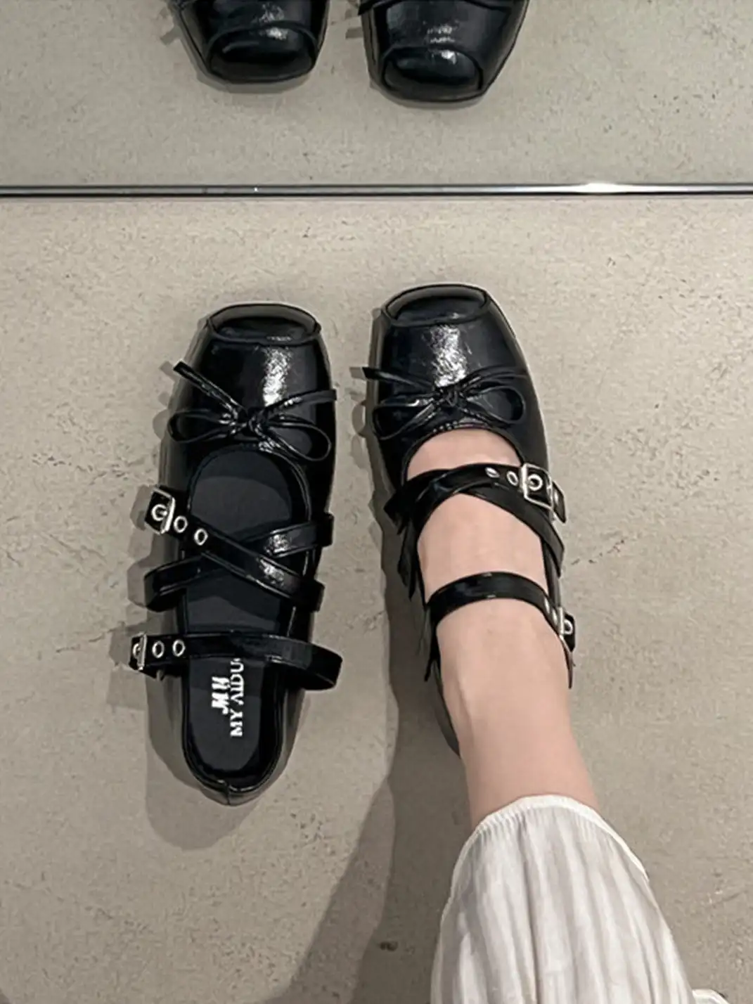 Jpoetry | Genuine Leather Square Toe Bow Mary Jane Shoes