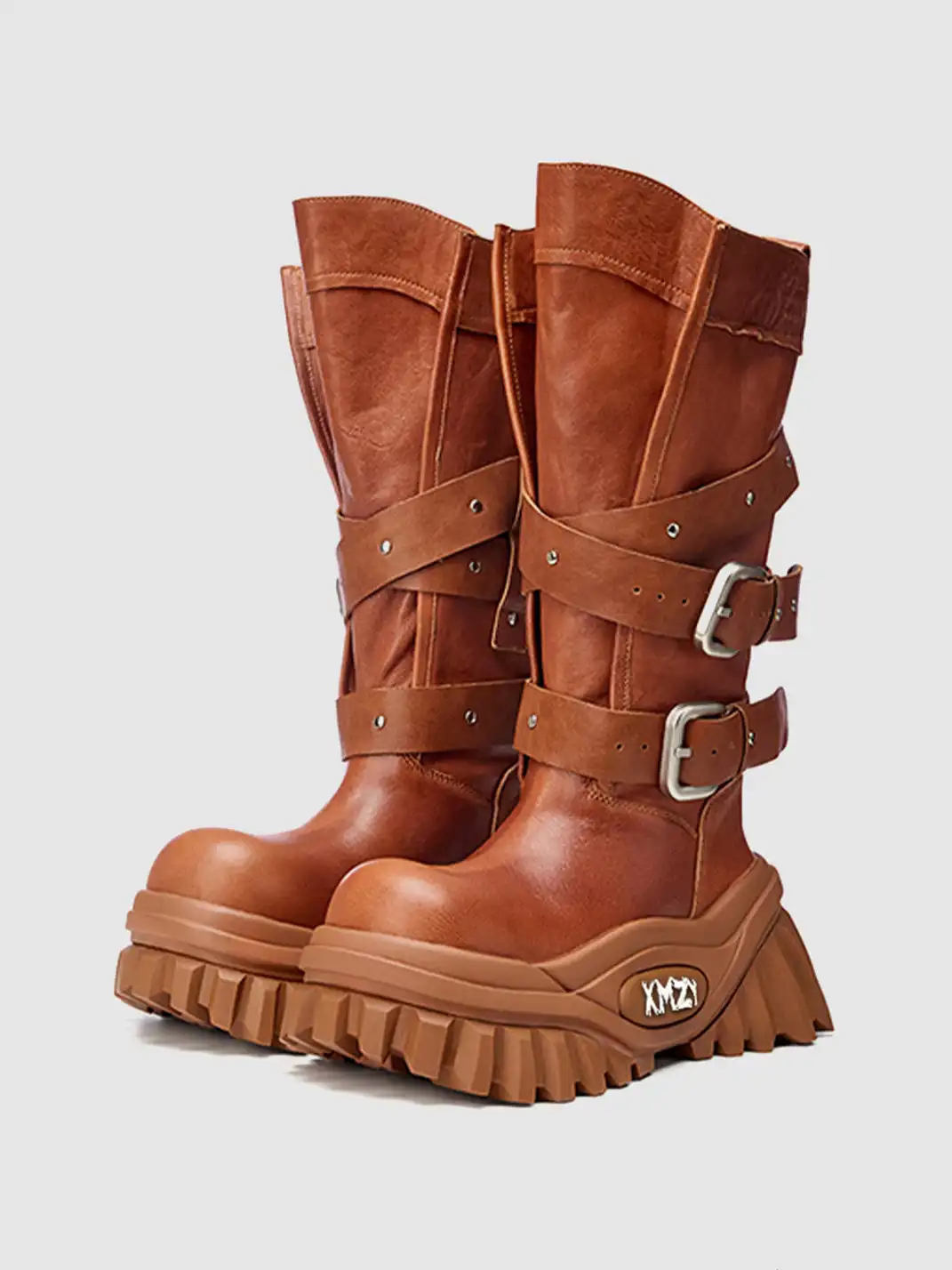 XMZY | Wrinkled Leather Knee-High Platform Riding Boots