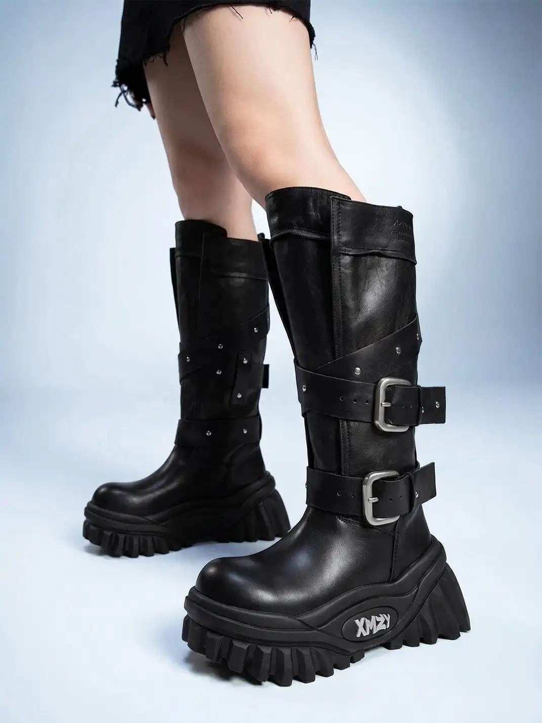 XMZY | Wrinkled Leather Knee-High Platform Riding Boots