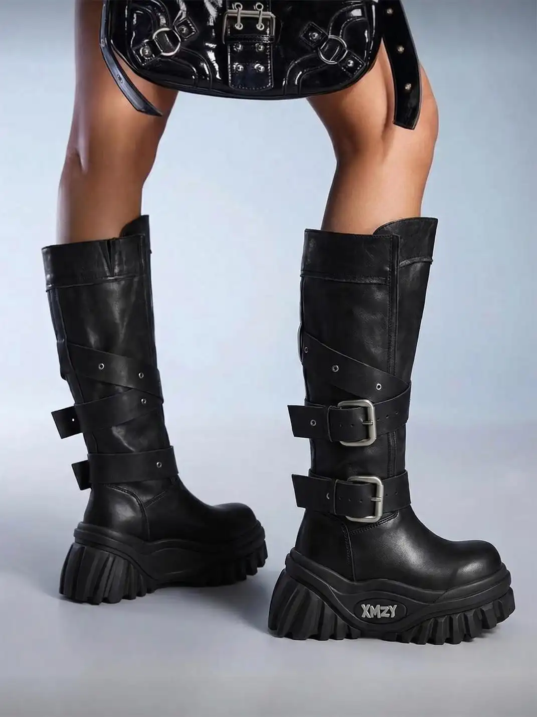 XMZY | Wrinkled Leather Knee-High Platform Riding Boots