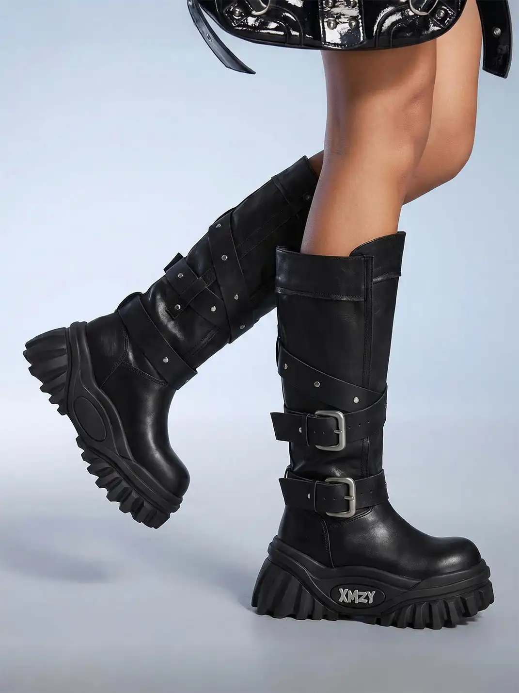XMZY | Wrinkled Leather Knee-High Platform Riding Boots