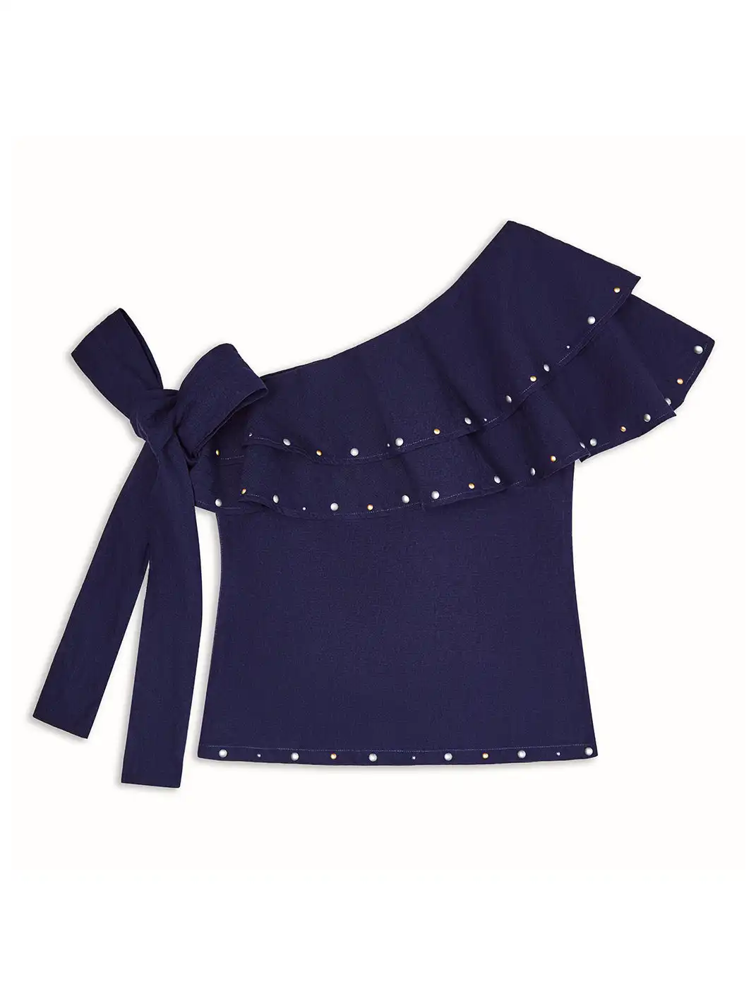 XaLWORCLO | Studded One-Shoulder Lace-Up Short Sleeve Top