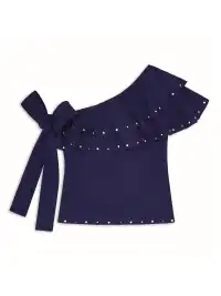 XaLWORCLO | Studded One-Shoulder Lace-Up Short Sleeve Top