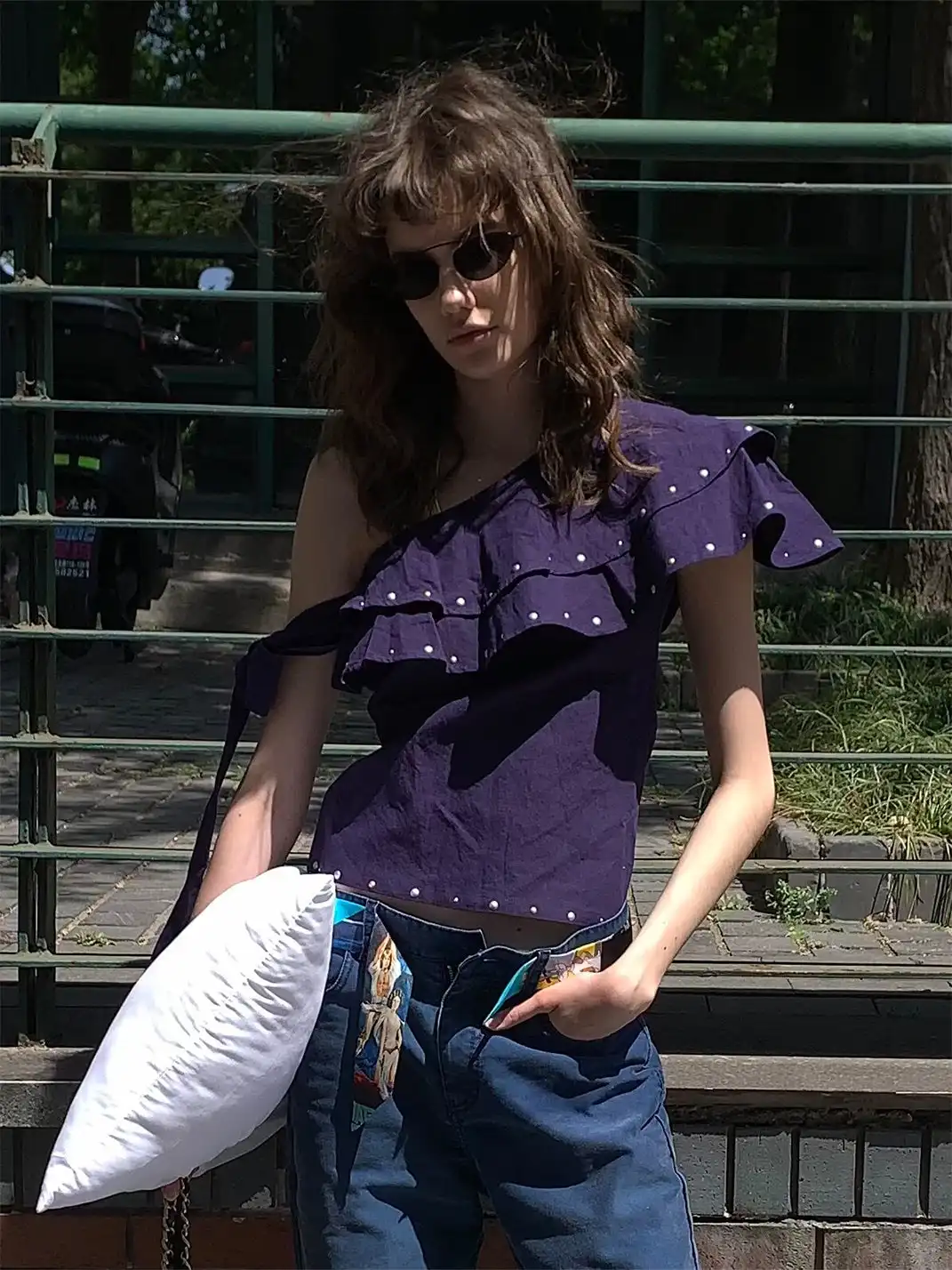 XaLWORCLO | Studded One-Shoulder Lace-Up Short Sleeve Top