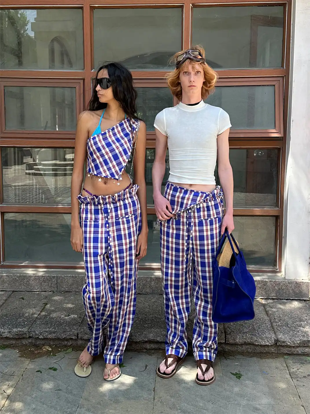 XaLWORCLO | Sequin Pleated Lace Drawstring Plaid Pants Two-Piece Set