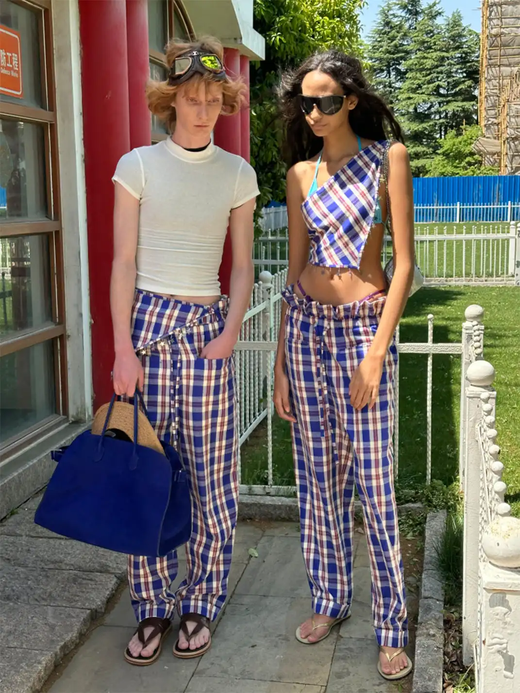 XaLWORCLO | Sequin Pleated Lace Drawstring Plaid Pants Two-Piece Set