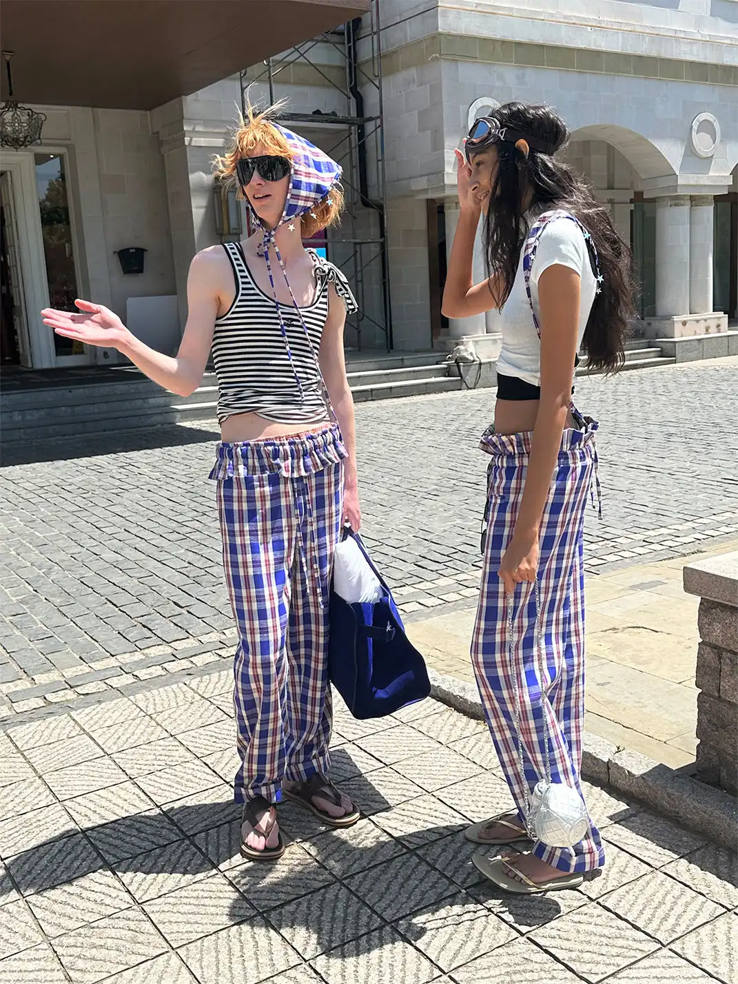 XaLWORCLO | Sequin Pleated Lace Drawstring Plaid Pants Two-Piece Set