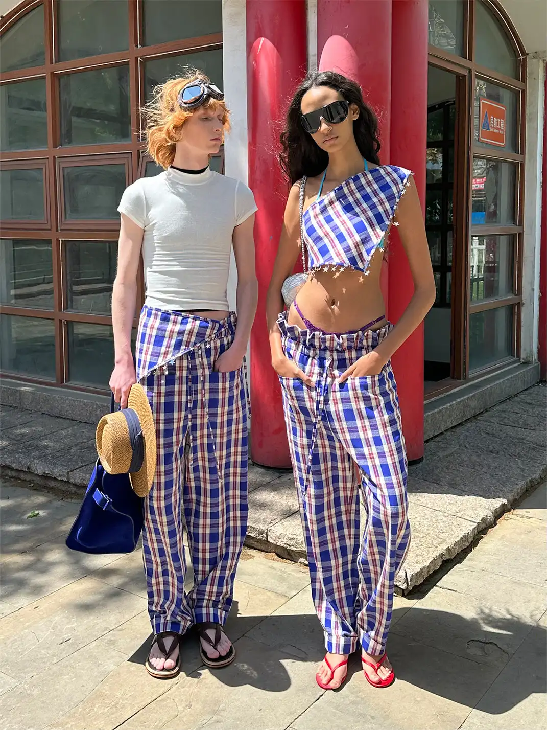 XaLWORCLO | Sequin Pleated Lace Drawstring Plaid Pants Two-Piece Set