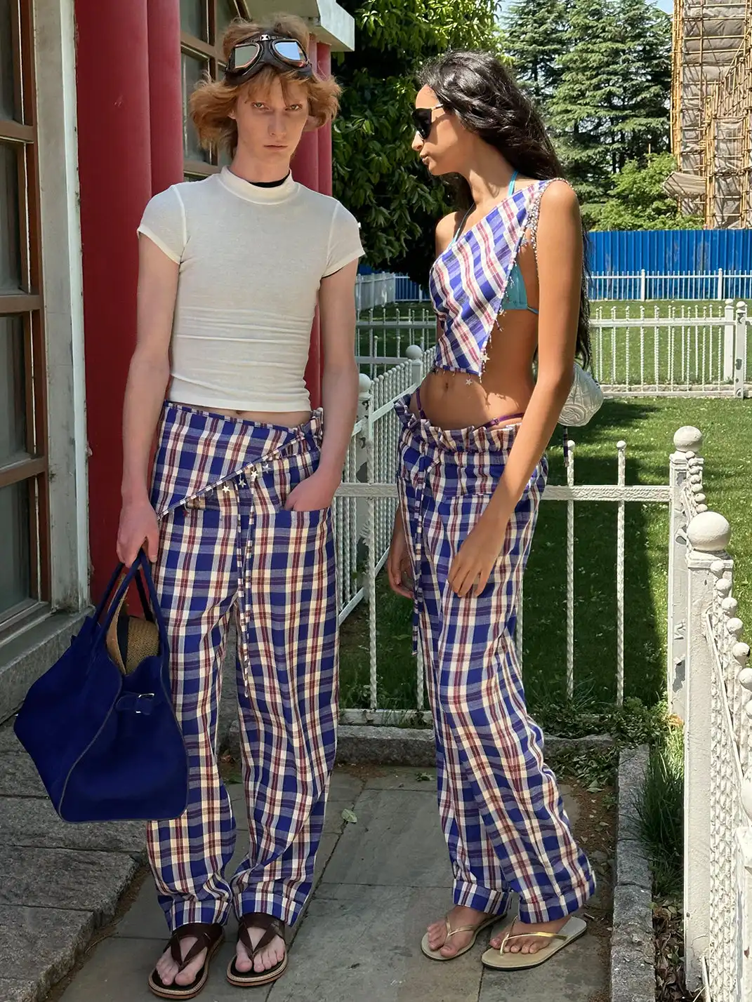 XaLWORCLO | Sequin Pleated Lace Drawstring Plaid Pants Two-Piece Set