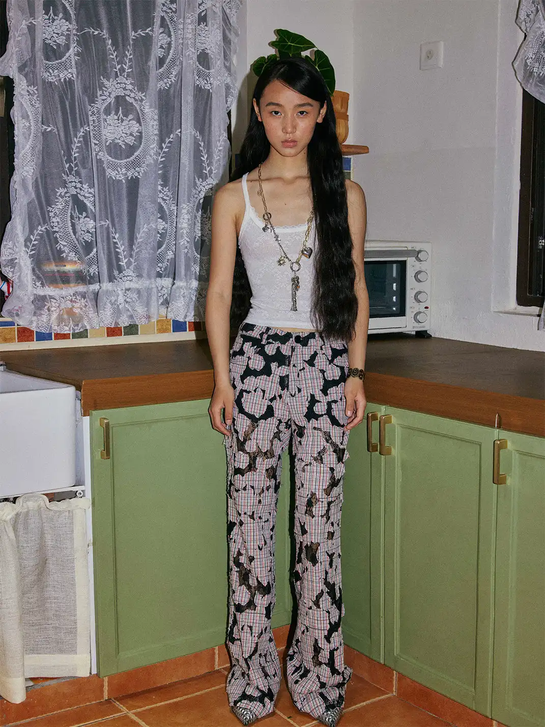 MottoKiraku | Lace Spliced Hollow Out Long Pants