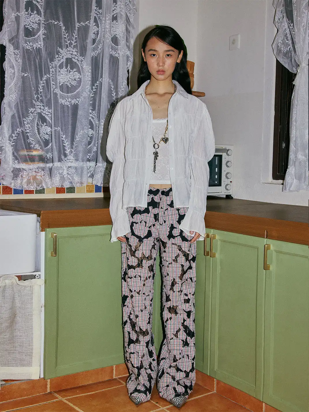 MottoKiraku | Lace Spliced Hollow Out Long Pants