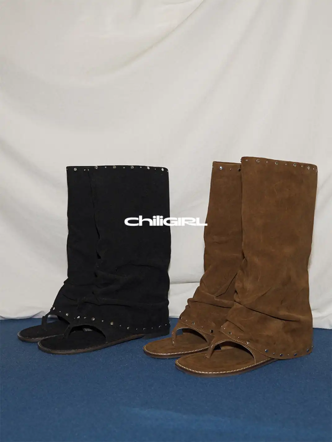 CHILIGIRL | Rivet Thong Suede Sandal Boots