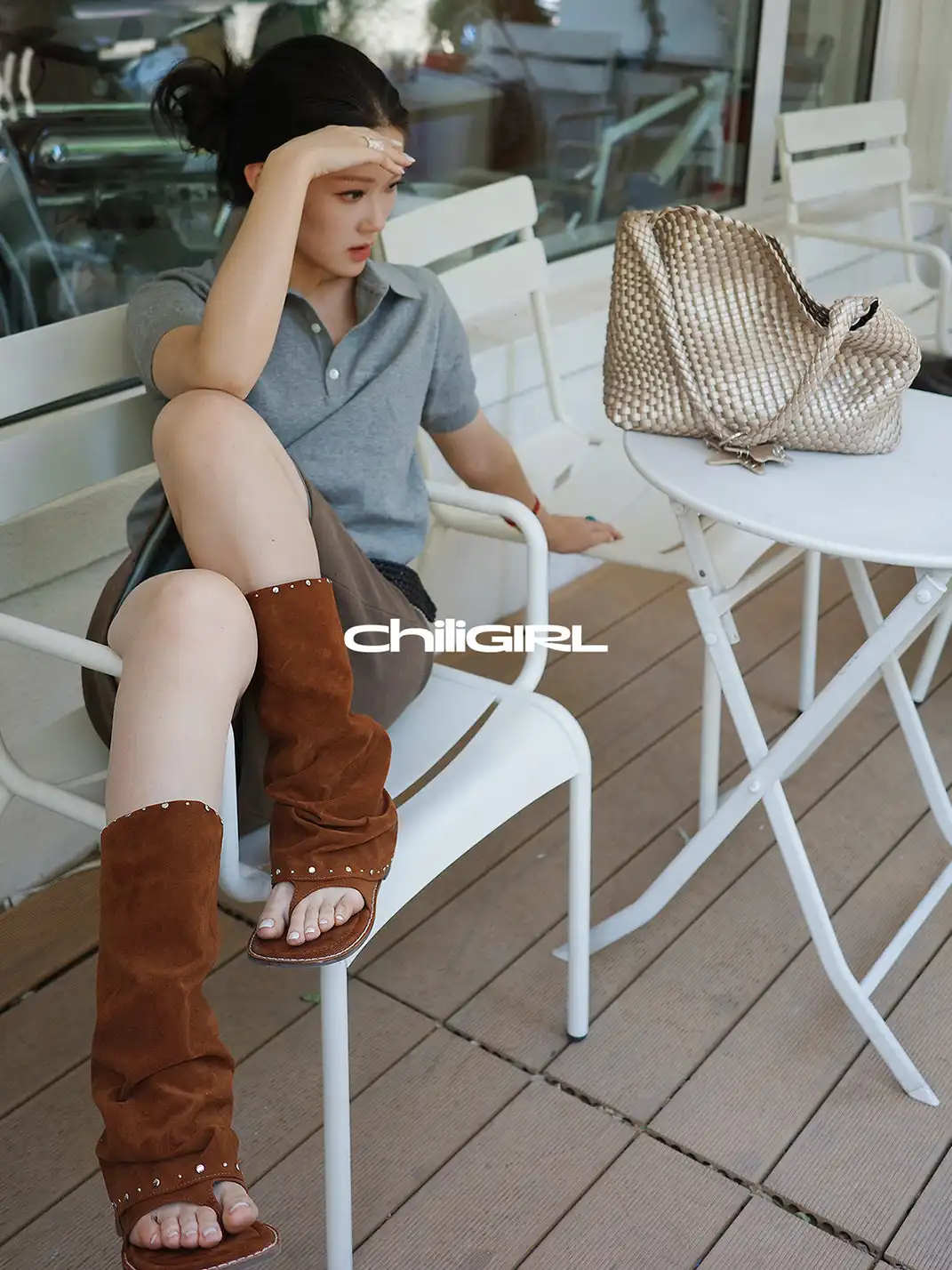 CHILIGIRL | Rivet Thong Suede Sandal Boots