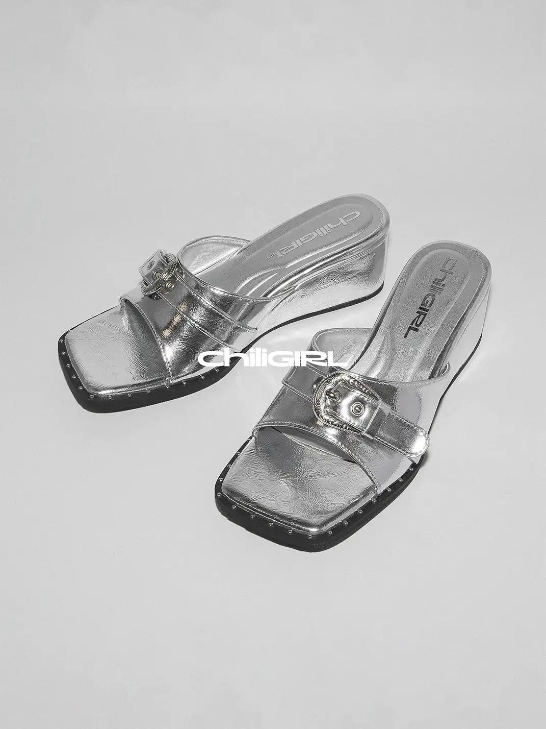 CHILIGIRL | Buckle Square Toe Wedge Slide Sandals