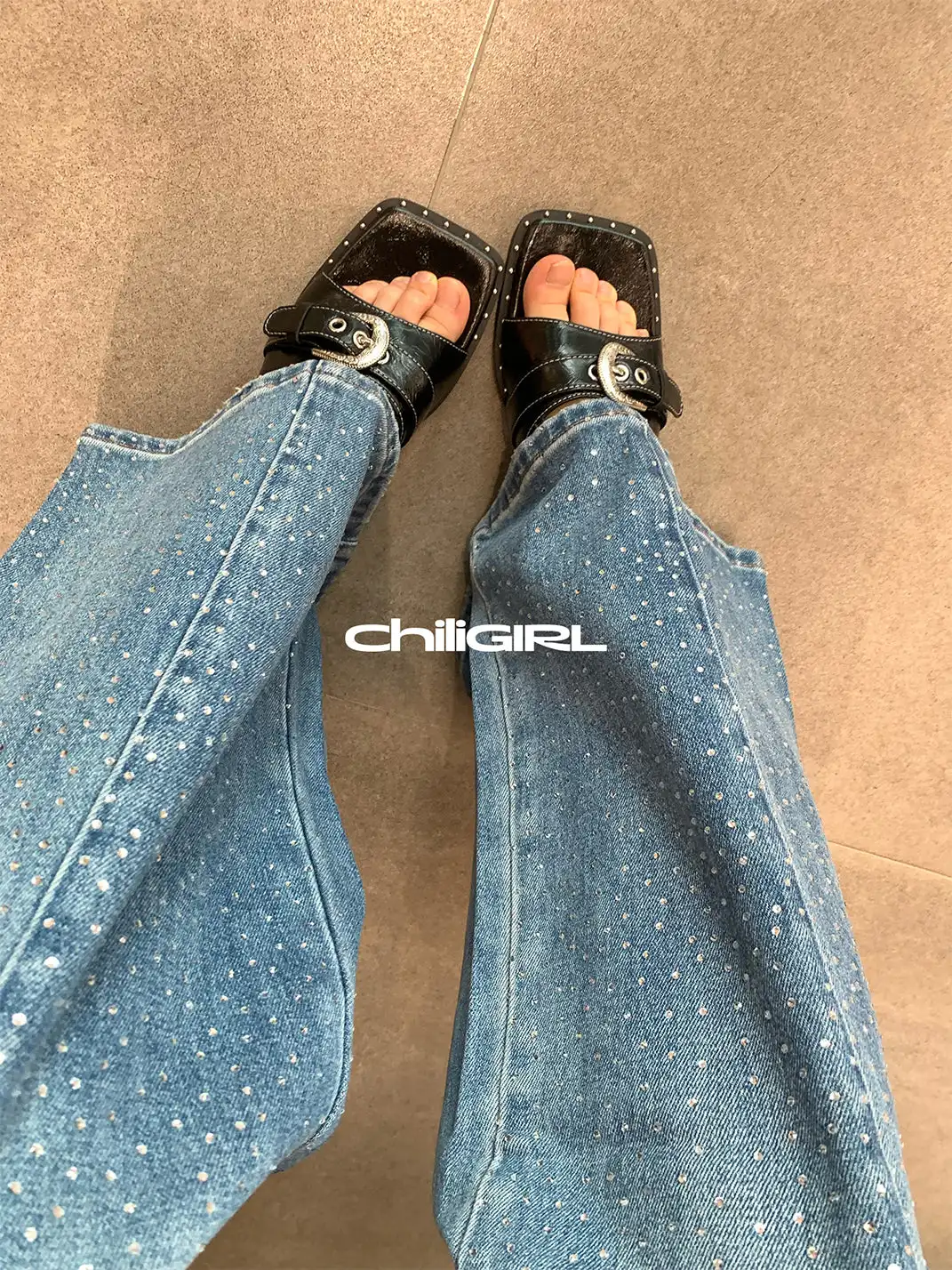 CHILIGIRL | Buckle Square Toe Wedge Slide Sandals
