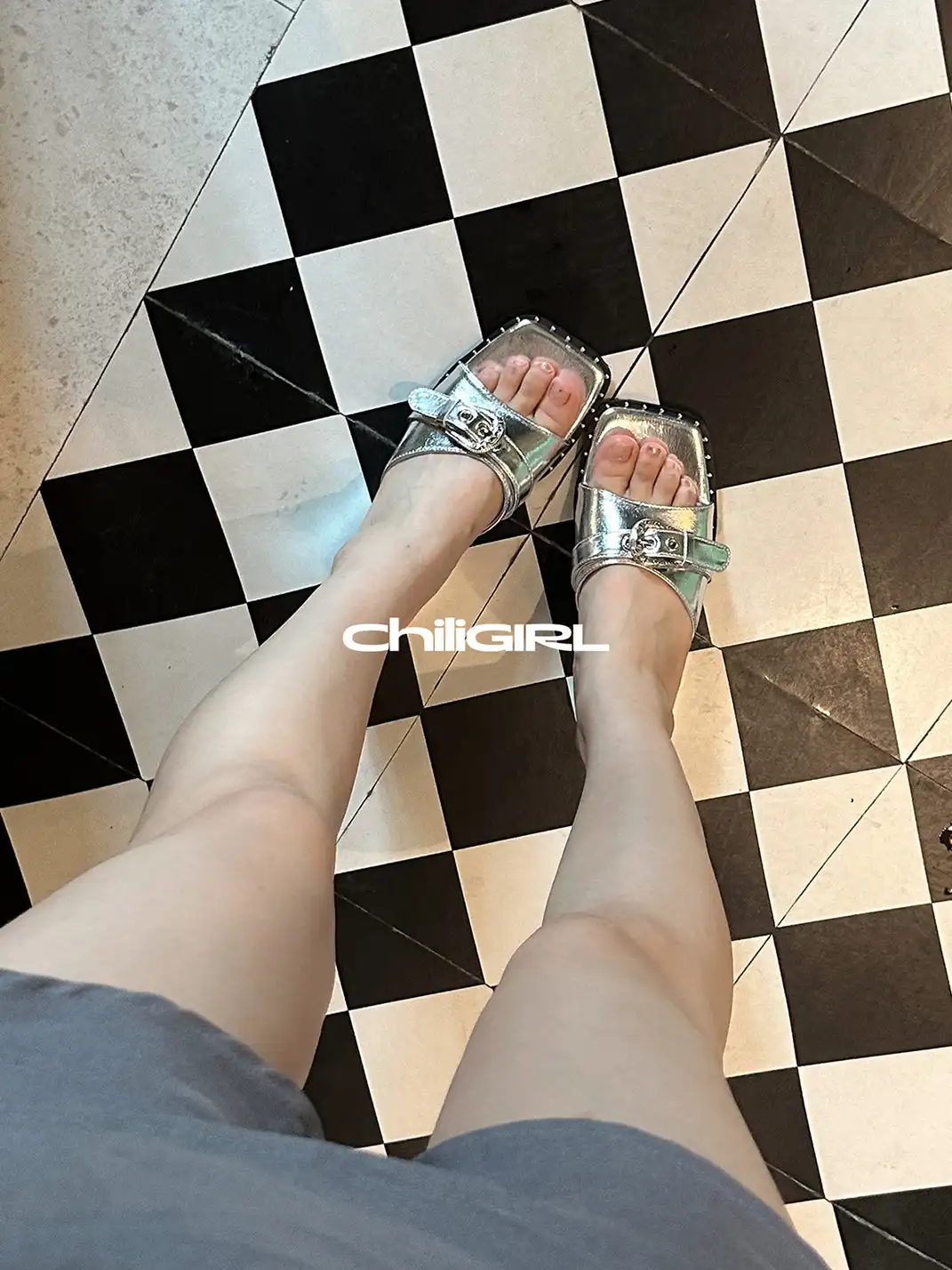 CHILIGIRL | Buckle Square Toe Wedge Slide Sandals