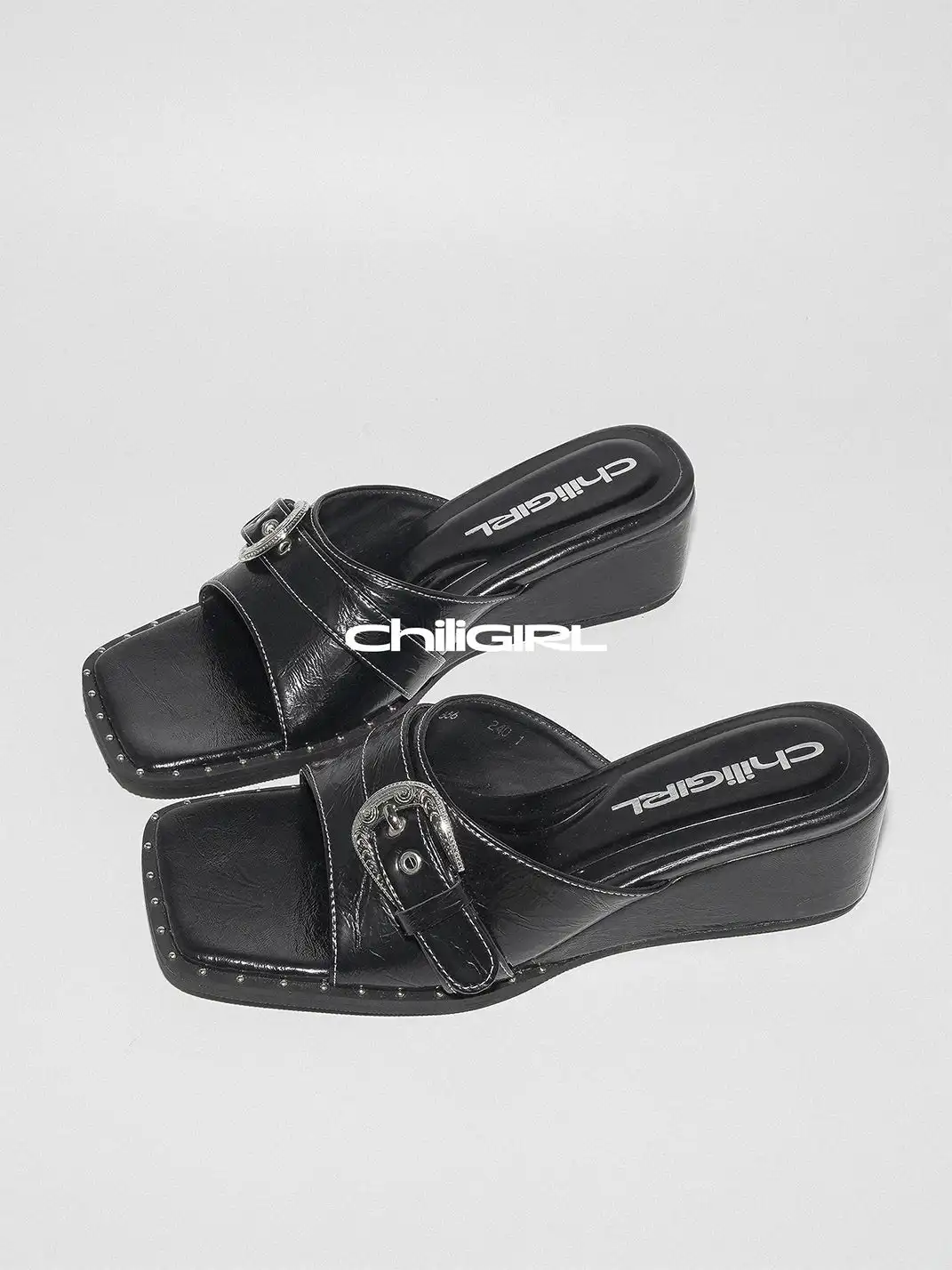 CHILIGIRL | Buckle Square Toe Wedge Slide Sandals