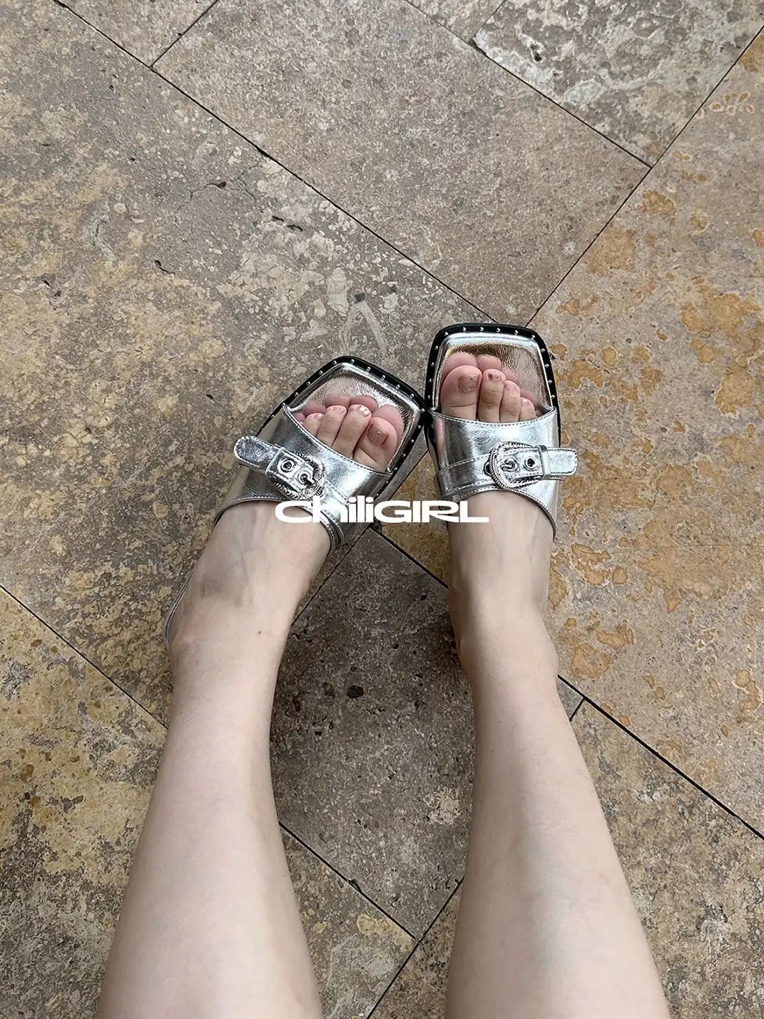 CHILIGIRL | Buckle Square Toe Wedge Slide Sandals