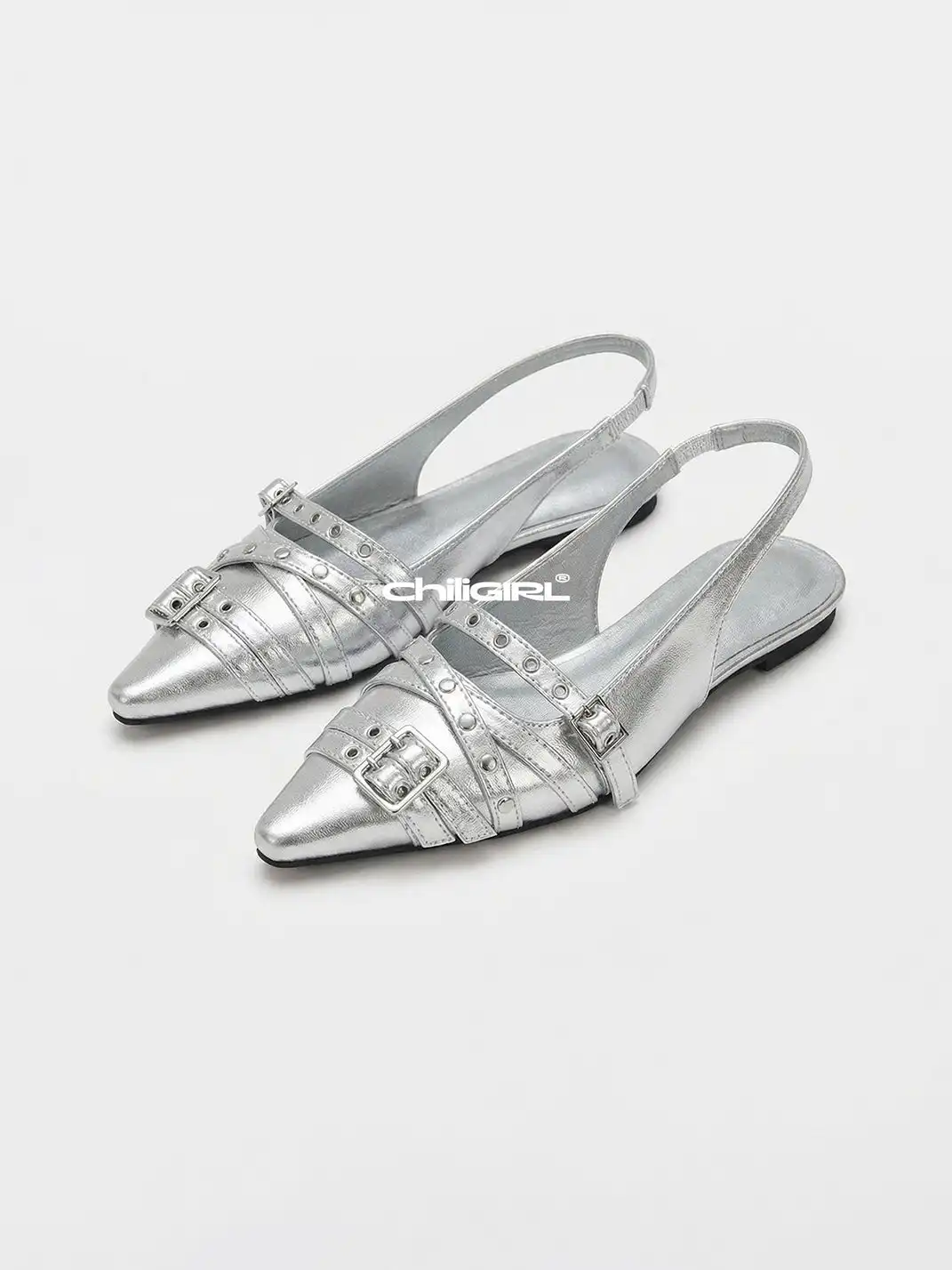 CHILIGIRL | Pointed Toe Low-Cut Buckle Rivet Flat Shoes