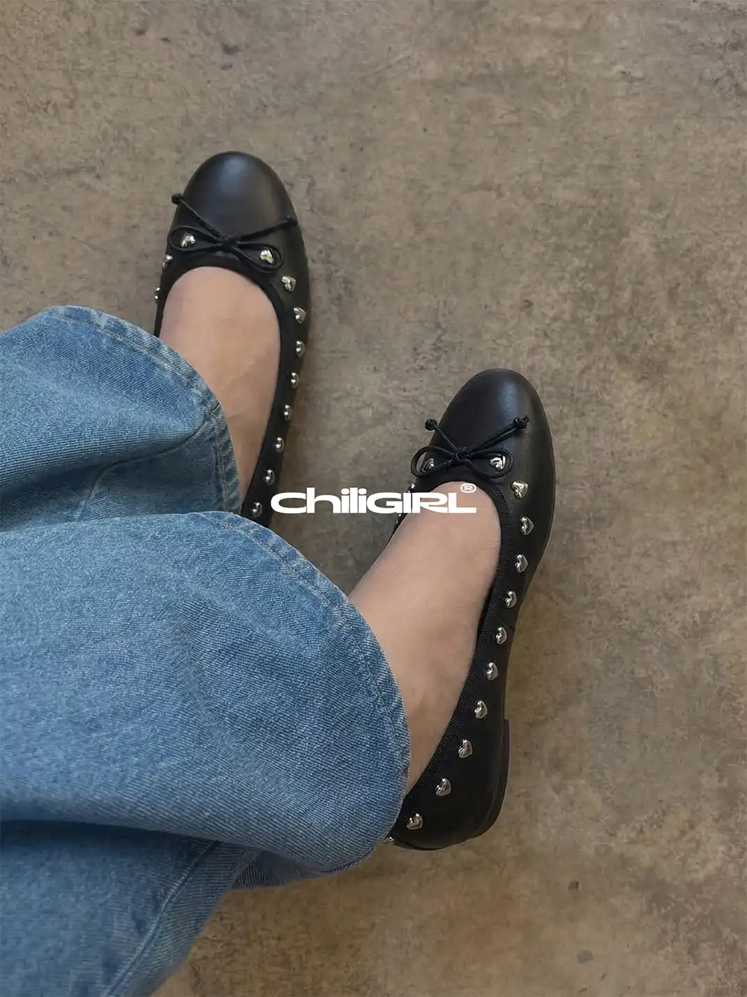 CHILIGIRL | Heart Rivet Bow Low-Cut Ballet Flats