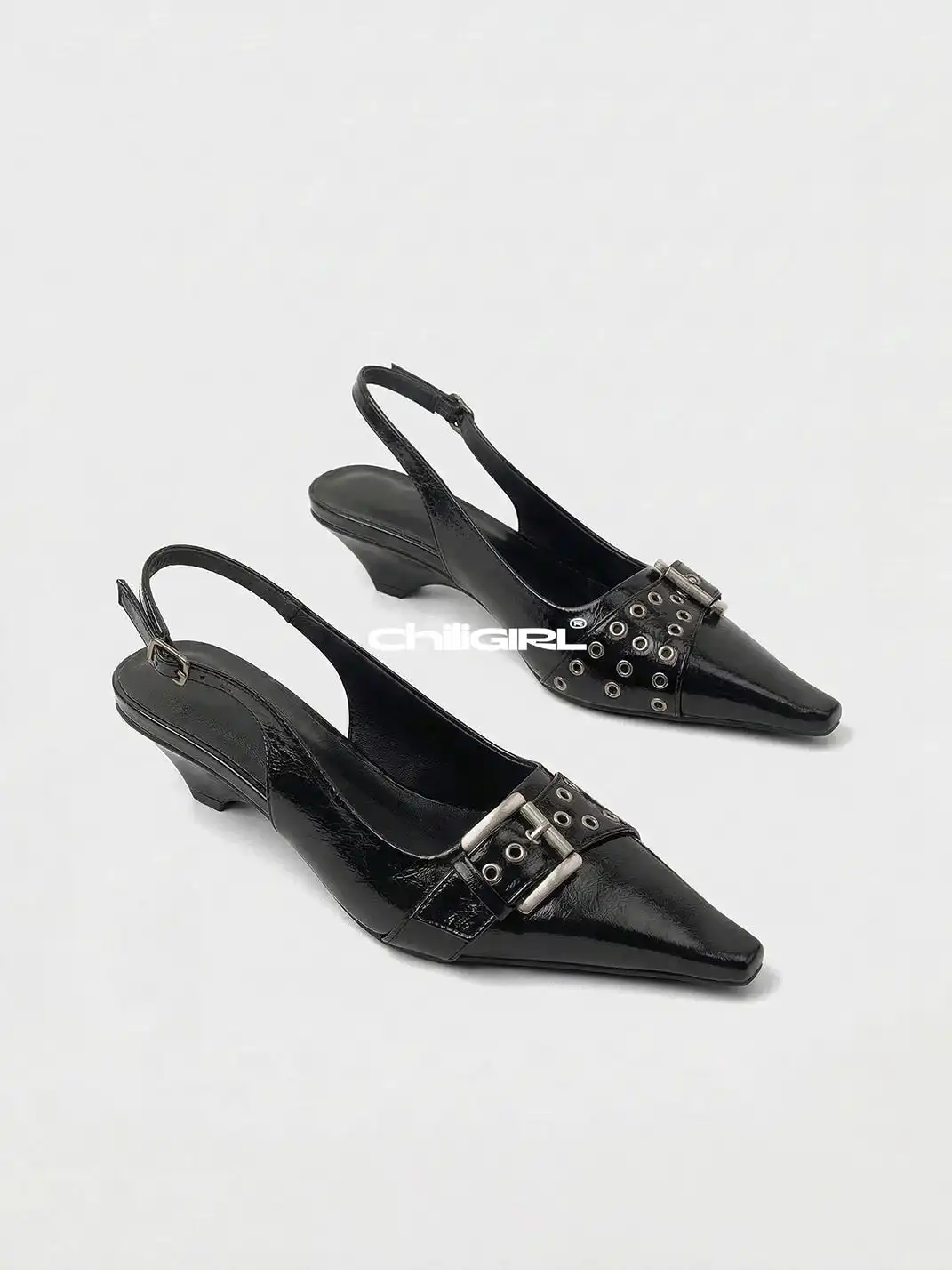 CHILIGIRL | Pointed Toe Rivet Buckle Mid Heel Sandals
