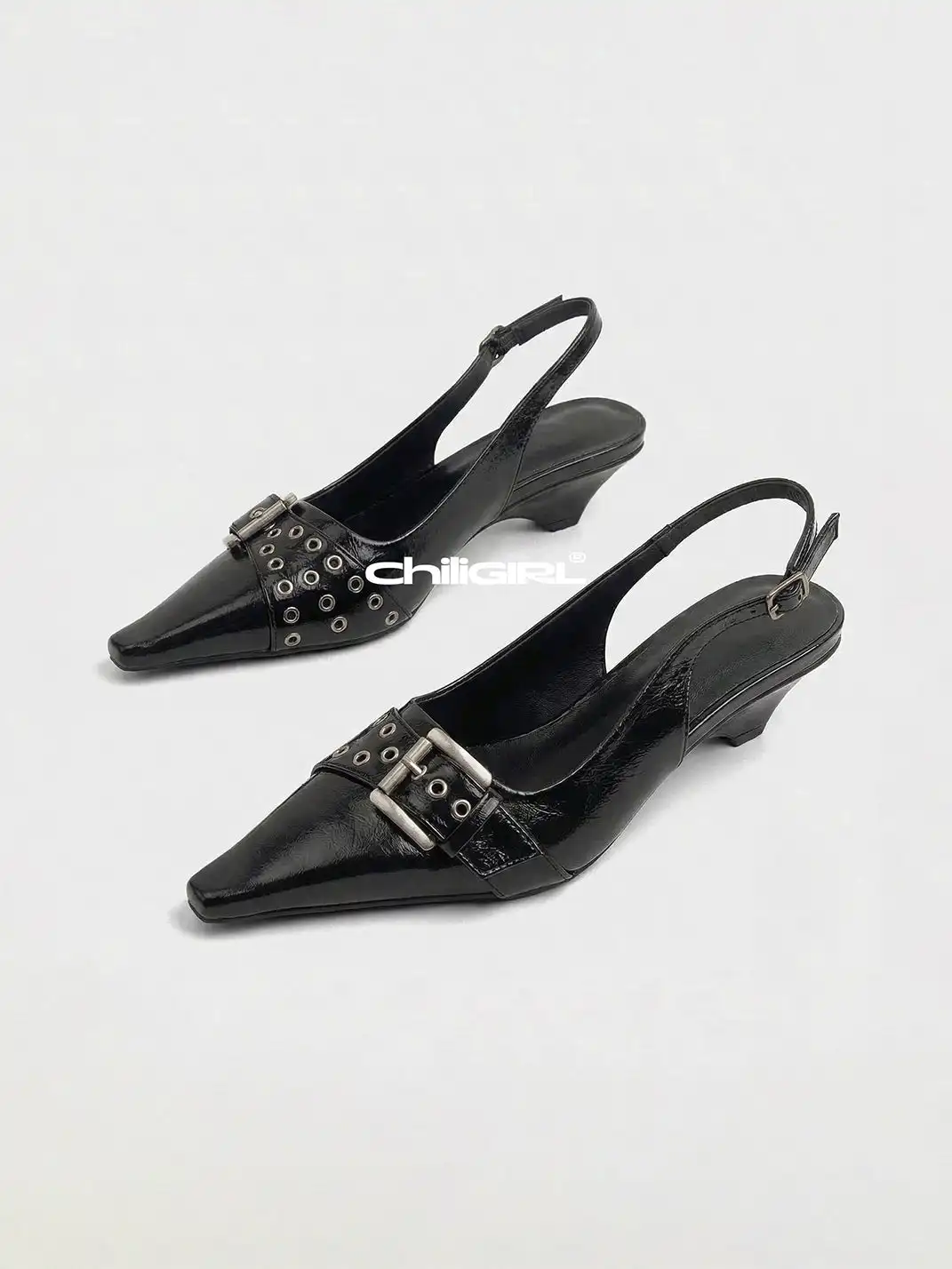 CHILIGIRL | Pointed Toe Rivet Buckle Mid Heel Sandals