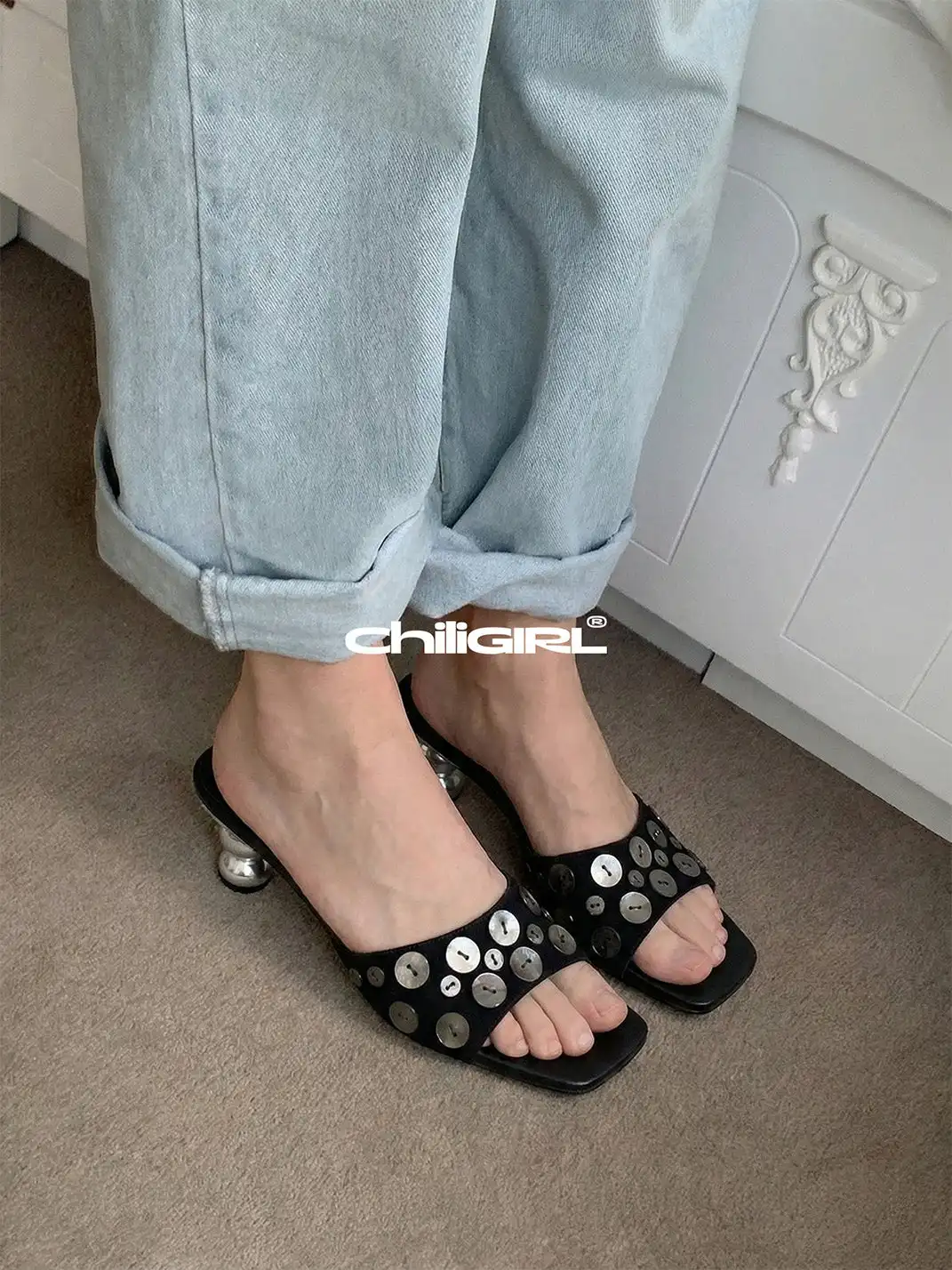 CHILIGIRL | Shell Buckle Open Toe High Heel Slide Sandals
