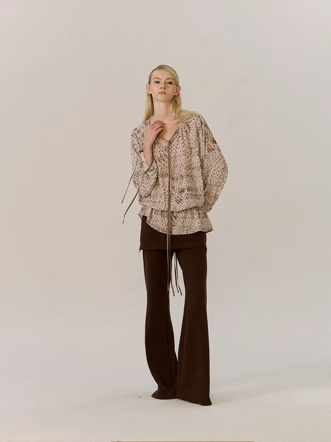 SukiBySuki | Polka Dot Chiffon Backless Drawstring V-Neck Shirt
