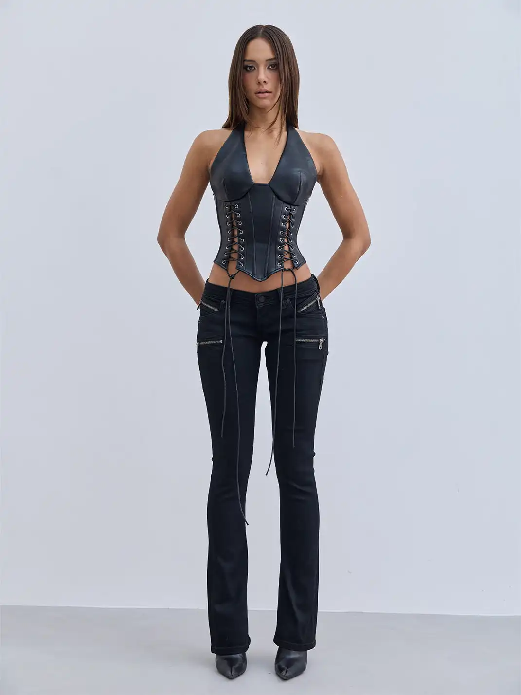 BUM STUDIO | Chest Pad Leather Hollow Tie Halter Top