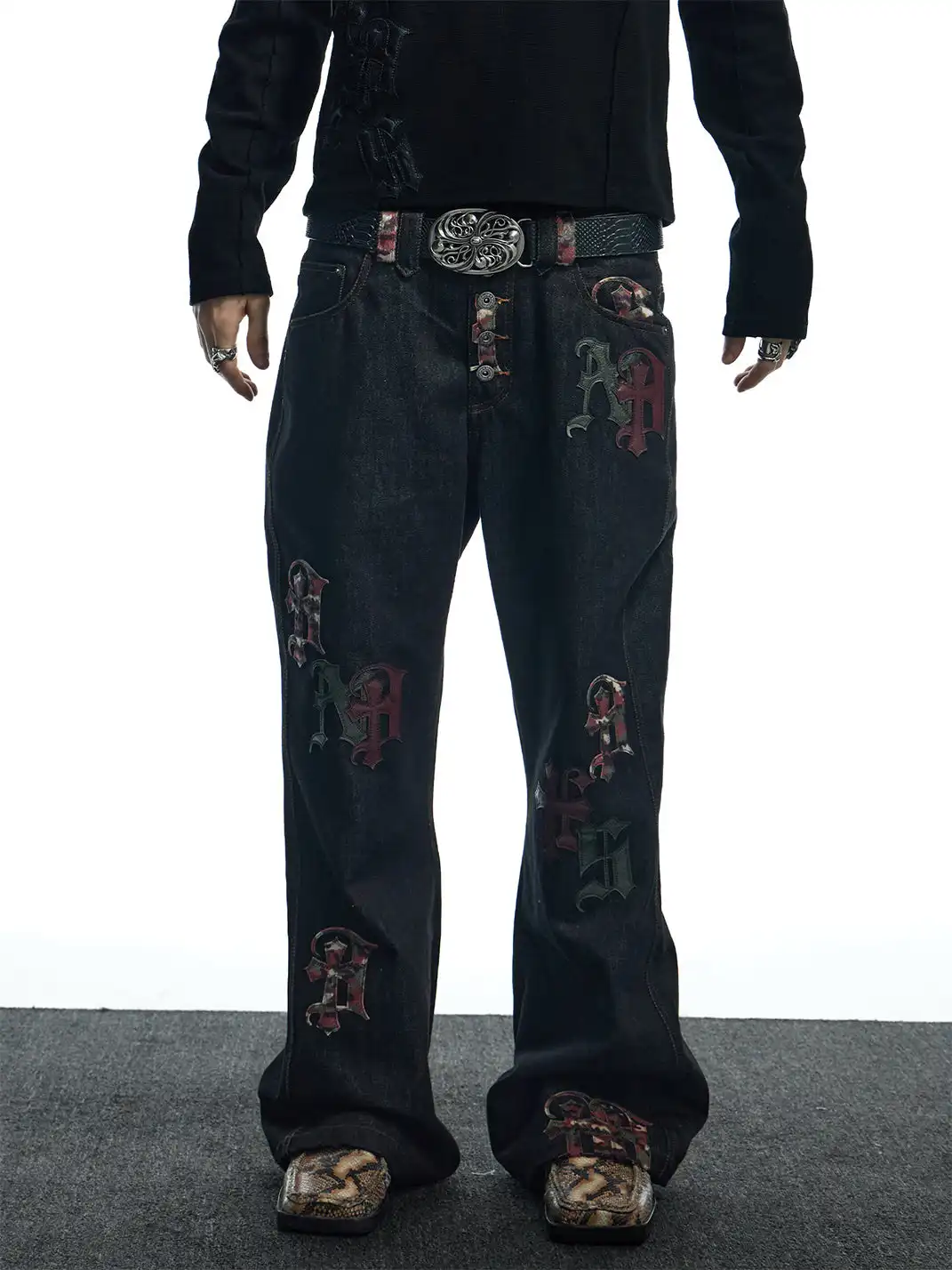 DND4DES | Camouflage Patchwork Leather Straight Jeans